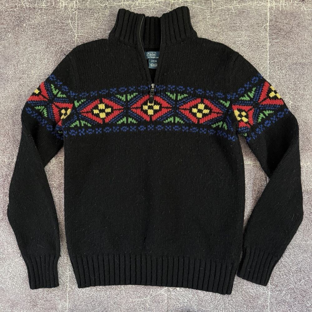 Women's Vintage 90's Polo Ralph Lauren Black Wool 1/4 Zip Up Aztec Sweater Sz L